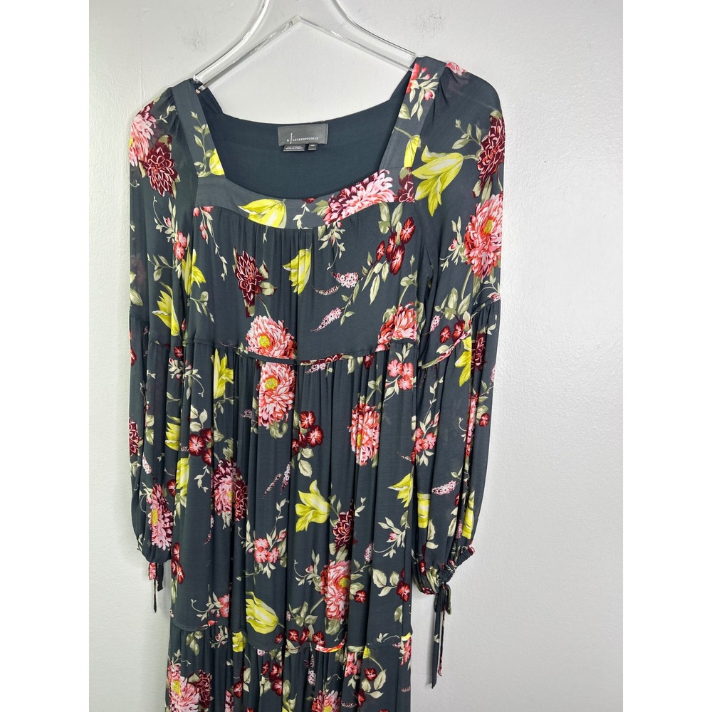 Anthropologie Evelin Floral Maxi Dress Square Neck Tiered Puff Dark Teal XSP - Picture 6 of 11